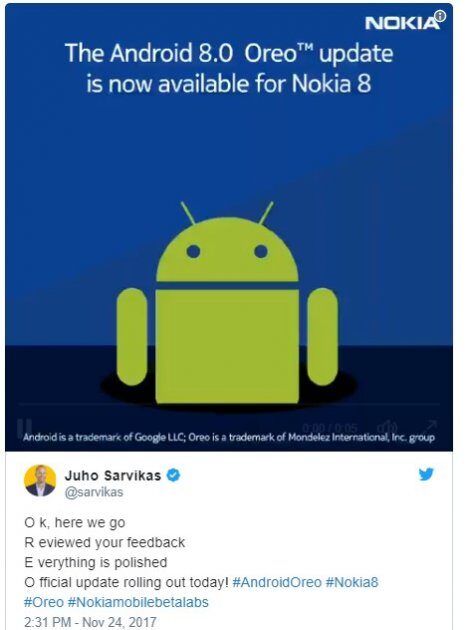 Sony Xperia XZ, XZs  Nokia 8  Android 8.0 Oreo