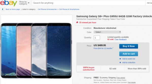 Samsung Galaxy S8+ Plus G955U 64GB     490 