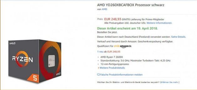 AMD Ryzen 5 2600X замечен на Amazon до официального старта продаж