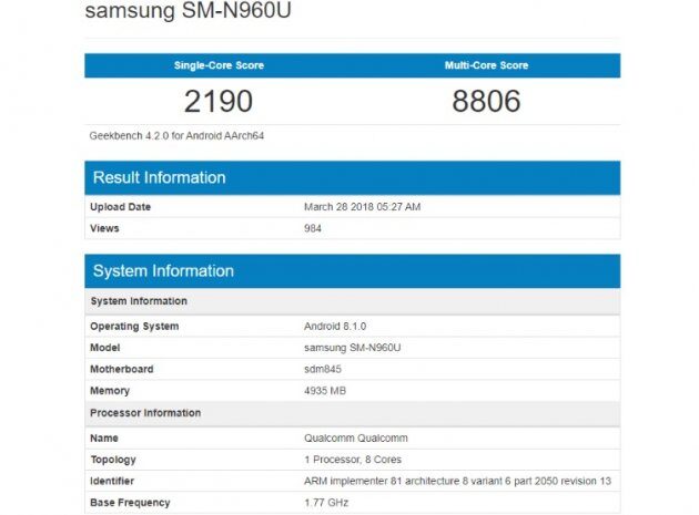 Samsung Galaxy Note 9  Snapdragon 845   Geekbench